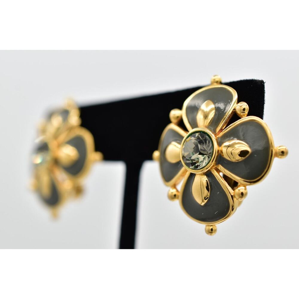 Joan Rivers Vintage Flower Clip On Earrings Gray Enamel Crystal Signed 90s BinBK - Picture 2 of 15